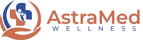 A blue and orange logo featuring the text "AstraMed," with an abstract design integrating a cross and stylized human figure.