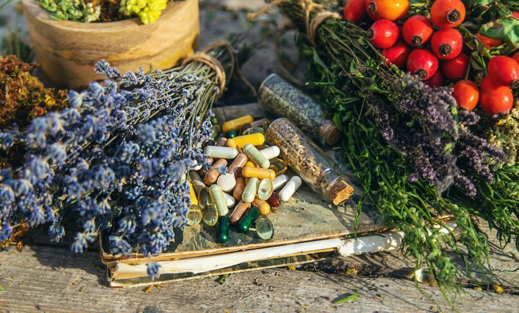 medicinal herbs and supplements. Selective focus.