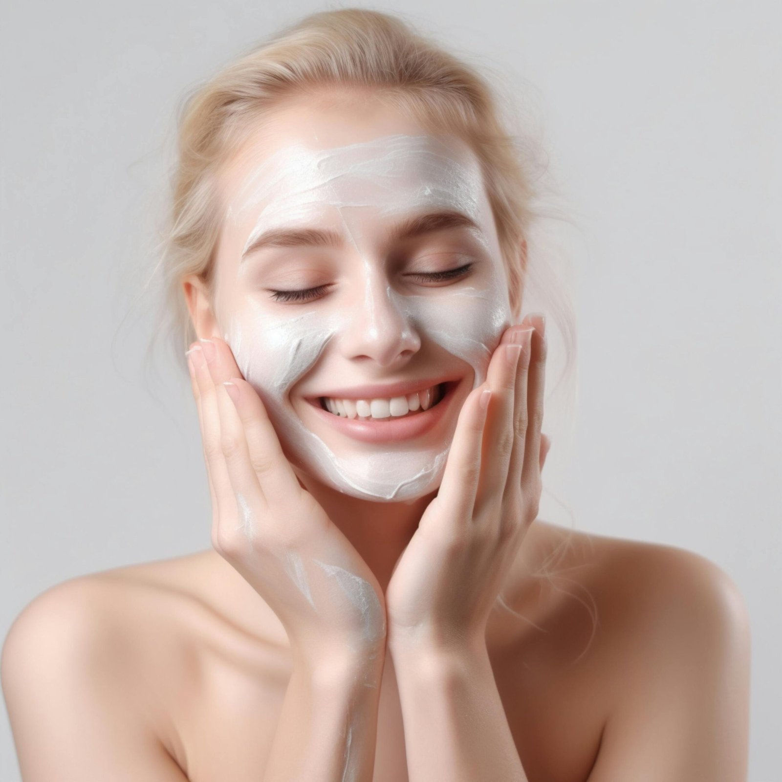 A person with a facial mask smiles, gently touching their cheeks, against a plain background, suggesting a skincare or self-care moment.
